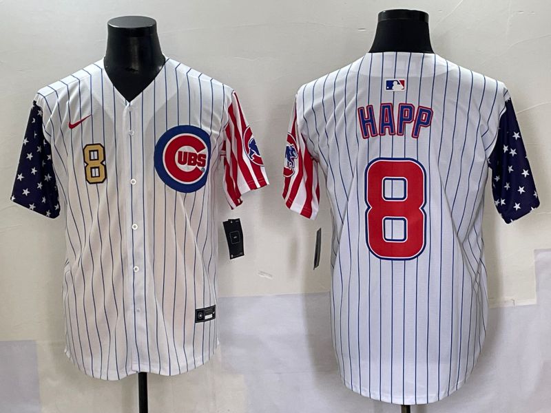 Men 2025 Chicago Cubs 8 Happ White Stripe a generation of national flags Joint Name Nike MLB Jersey style 2